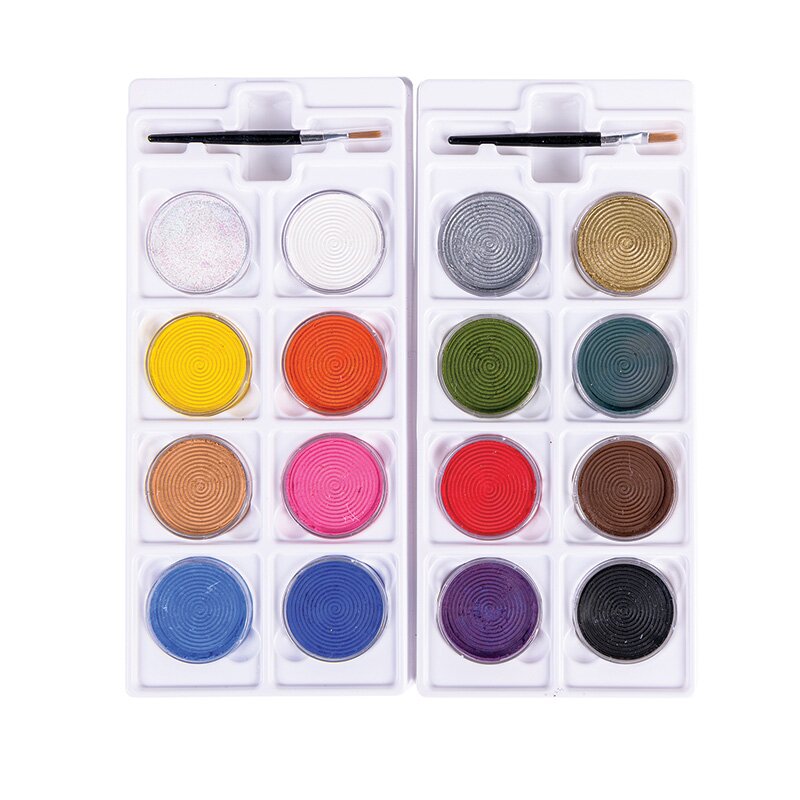 Geöffnete Aqua Color Schminkpalette von Jofrika Cosmetics mit 16 bunten, wasserbasierten Farben, erhältlich im Kostümladen Berlin.
