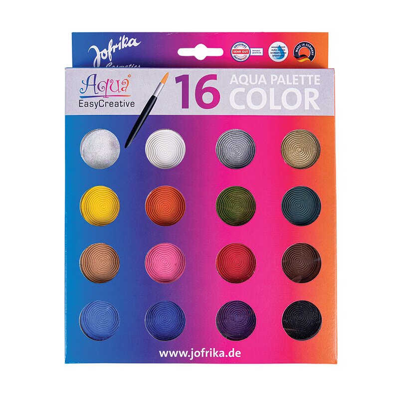 Eine rechteckige Jofrika Cosmetics Aqua Color Schminkpalette. Sie enthält 16 verschiedene, leuchtende Wasserfarben in runden Schälchen für Gesichts- und Körperbemalung. Im Kostümladen Berlin zu kaufen.