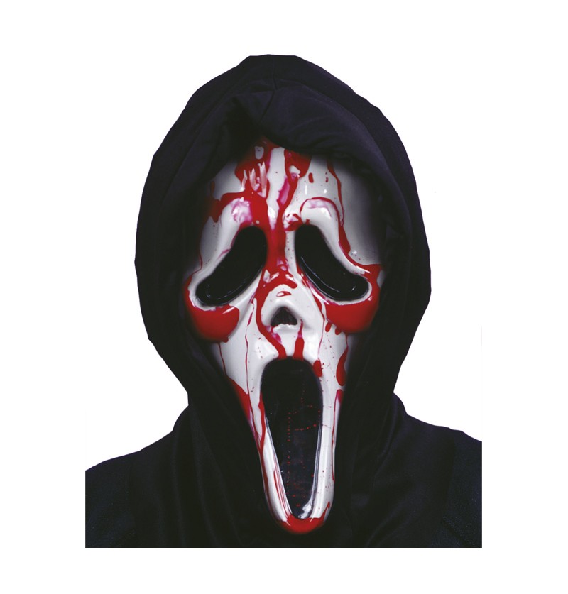 Die blutige weiße Ghostface-Maske aus der Scream-Filmreihe. Das langgezogene Gesicht mit den tiefschwarzen Augenhöhlen und dem schreienden Mund.