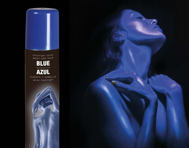 Dose mit blauem Body-Spray für farbige Akzente und Body-Art-Effekte auf der Haut bei Kostümen, Halloween und Mottopartys