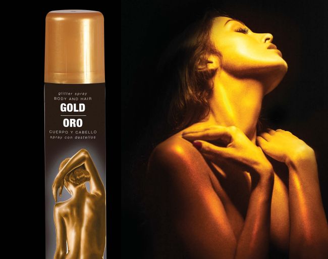 Dose mit goldenem Body-Spray für farbige Akzente und Body-Art-Effekte auf der Haut bei Kostümen, Halloween und Mottopartys