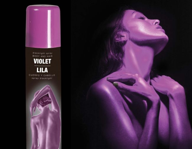 Dose mit lilanem Body-Spray für farbige Akzente und Body-Art-Effekte auf der Haut bei Kostümen, Halloween und Mottopartys