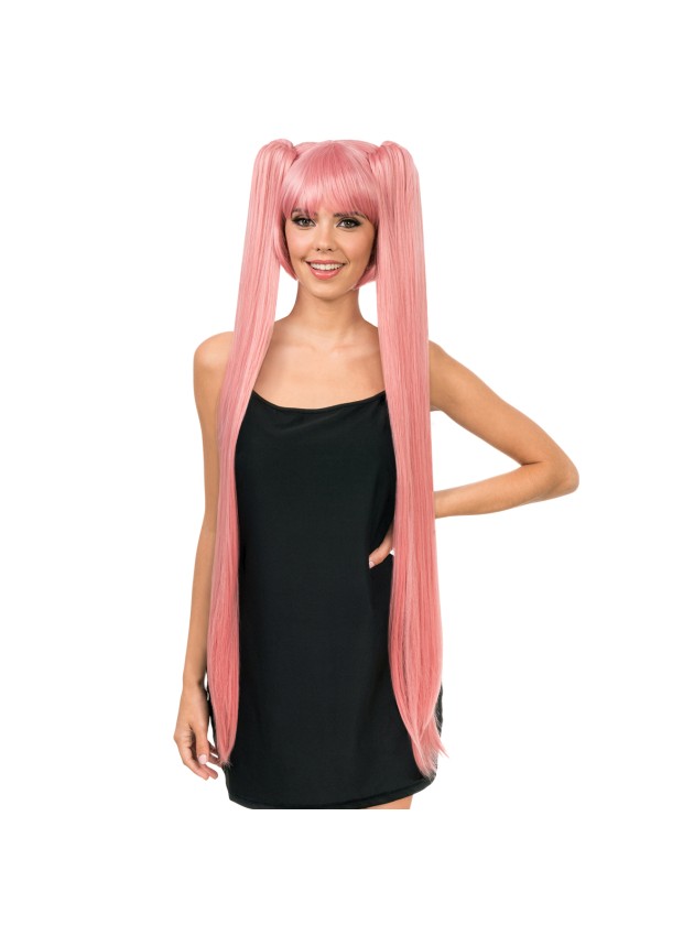 Rosa Cosplay-Perücke mit langen Zöpfen (99 cm) aus einem Berliner Kostümladen.