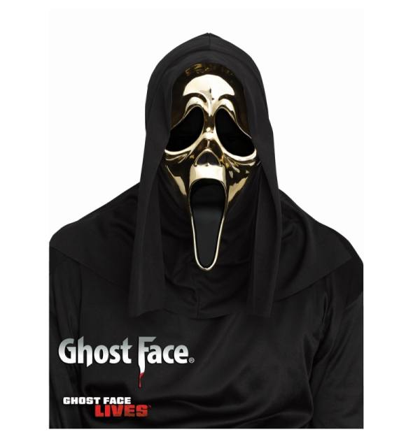Eine glänzende, goldfarbene Version der bekannten Ghostface-Maske aus den Scream-Filmen. Die Maske zeigt das charakteristische, längliche Gesicht mit schwarzen, weinenden Augenhöhlen und einem weit aufgerissenen, schreienden Mund.