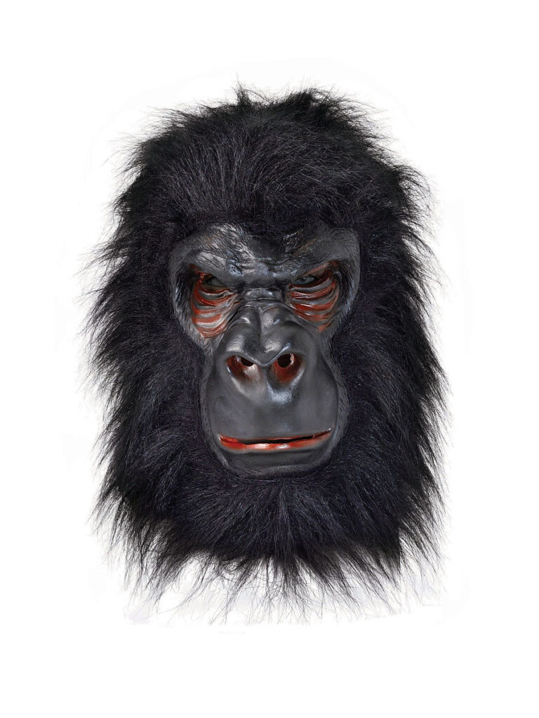 Eine schwarze Latex-Maske, die den Kopf und das Gesicht eines Gorillas darstellt.