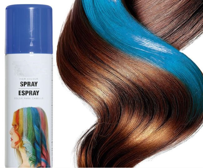 Dose mit blauem Farb-Haarspray von für temporäre Farbänderungen und rote Strähnen färben bei Kostümen, Karneval und Halloween.