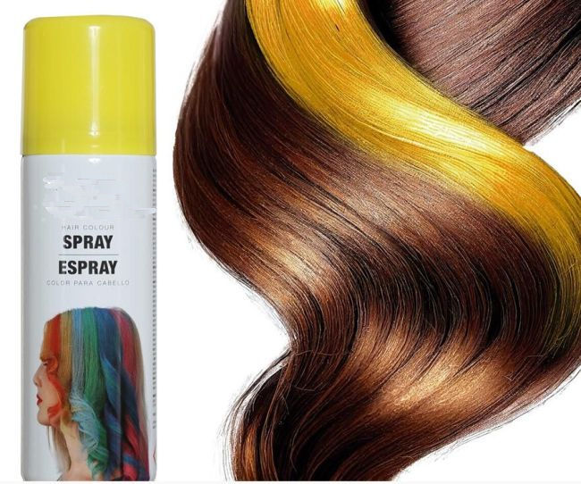 Dose mit gelbem Farb-Haarspray von für temporäre Farbänderungen und rote Strähnen färben bei Kostümen, Karneval und Halloween.