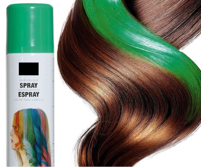 Dose mit grünem Farb-Haarspray von für temporäre Farbänderungen und rote Strähnen färben bei Kostümen, Karneval und Halloween.