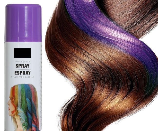 Dose mit lila Farb-Haarspray von für temporäre Farbänderungen und rote Strähnen färben bei Kostümen, Karneval und Halloween.