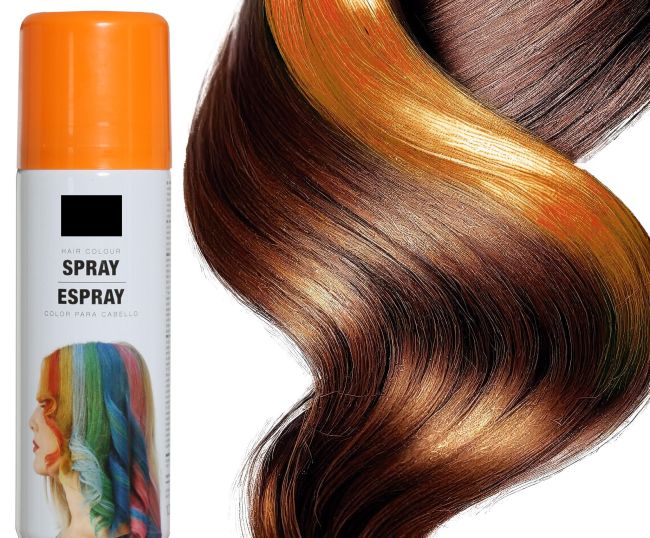 Dose mit orangem Farb-Haarspray von für temporäre Farbänderungen und rote Strähnen färben bei Kostümen, Karneval und Halloween.