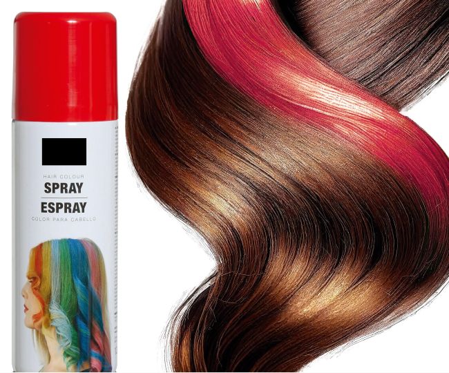 Dose mit rotem Farb-Haarspray von für temporäre Farbänderungen und rote Strähnen färben bei Kostümen, Karneval und Halloween.