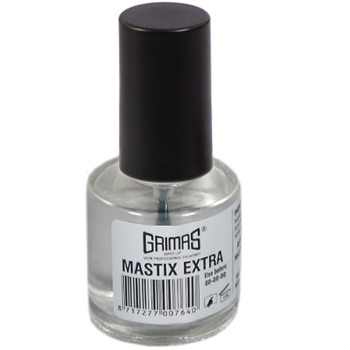 Fläschchen mit Grimas Mastix extra Hautkleber inklusive Pinsel im Deckel zur Befestigung von Haarstoppeln, Bärten und Latexteilen.