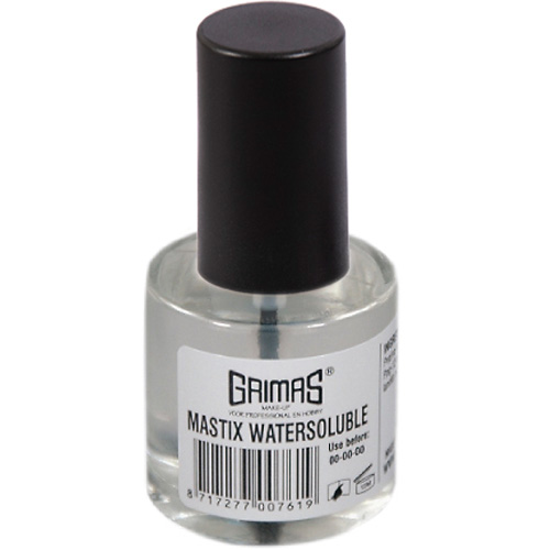 Fläschchen mit Grimas Mastix wasserlöslich, einem hautfreundlichen und leicht abwaschbaren Hautkleber zum Befestigen von kleineren Latexteilen und Haarteilen.