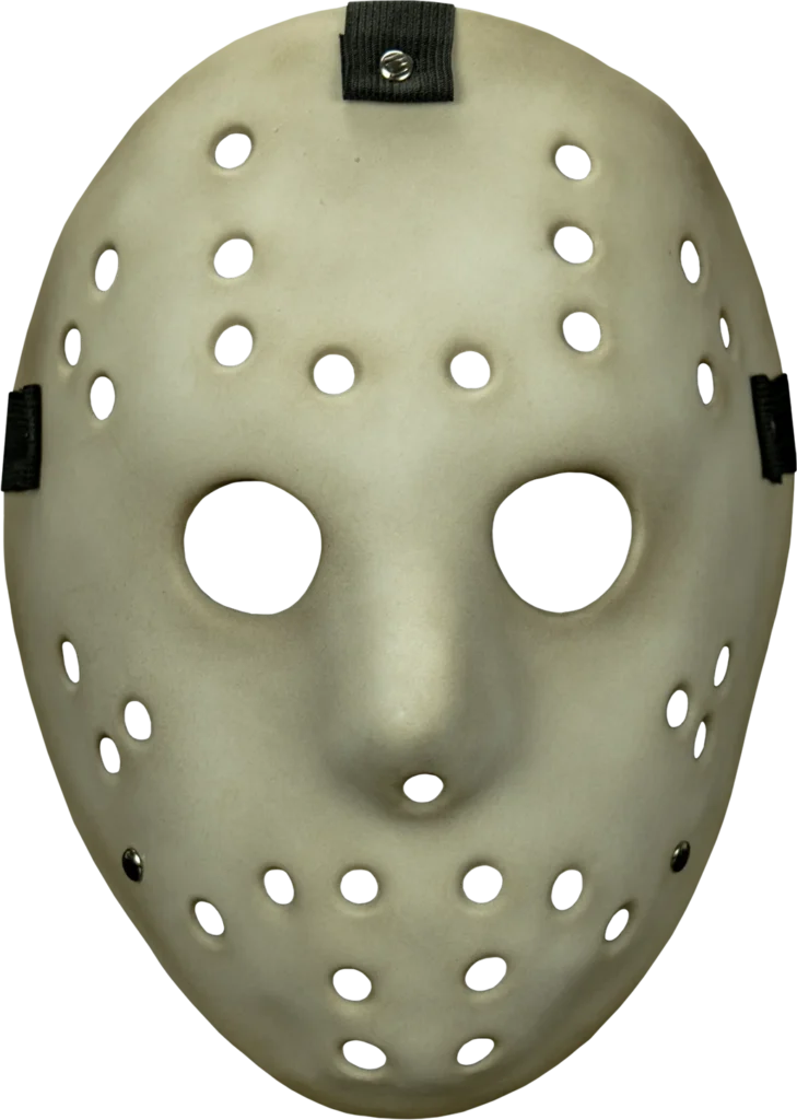 Gruselige Killer-Hockey-Maske für Halloween, ausgestellt in einem Maskenladen in Berlin.