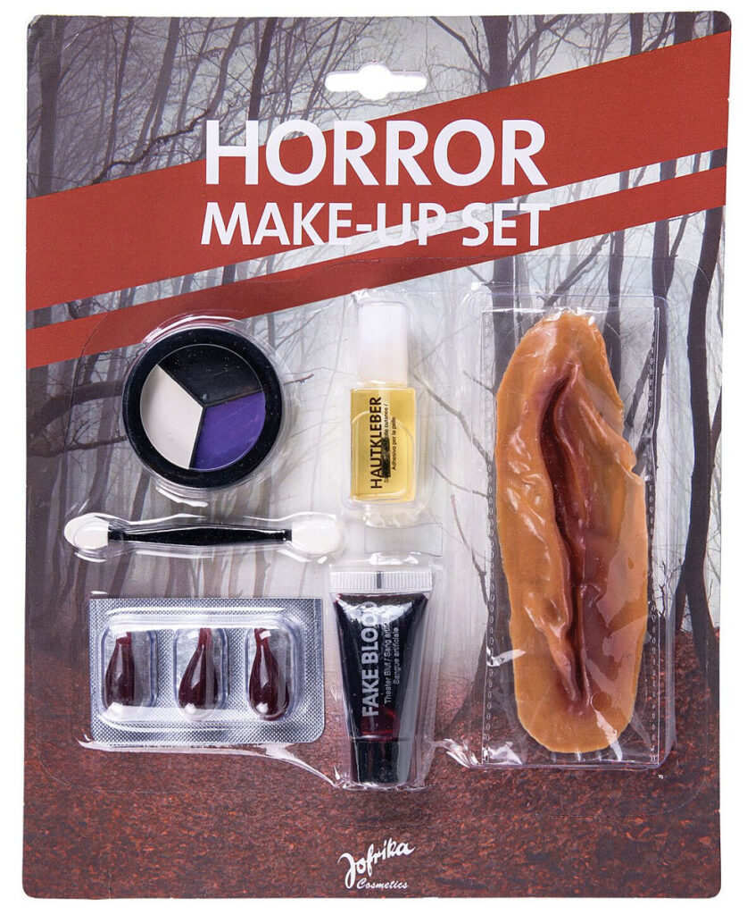 Ein umfangreiches Horror Make-up Set mit verschiedenen Farben und Zubehör, um professionelle Grusel-Gesichter und Spezialeffekte für Halloween zu schminken.