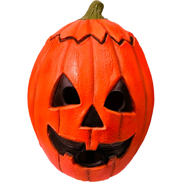 Eine orangefarbene Halloween-Maske aus Latex in Form eines gruseligen Kürbiskopfes.