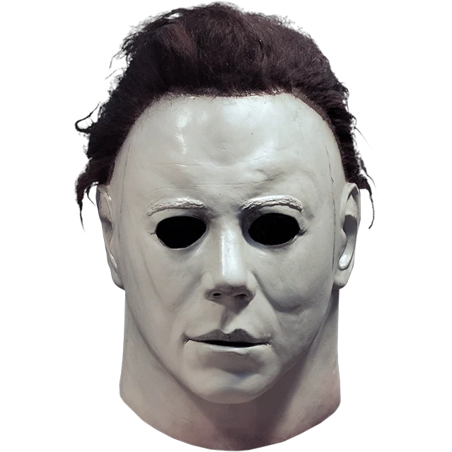 Detailgetreue weiße Michael Myers Latex-Maske aus dem Film Halloween 1978, erhältlich im Kostümladen Berlin.