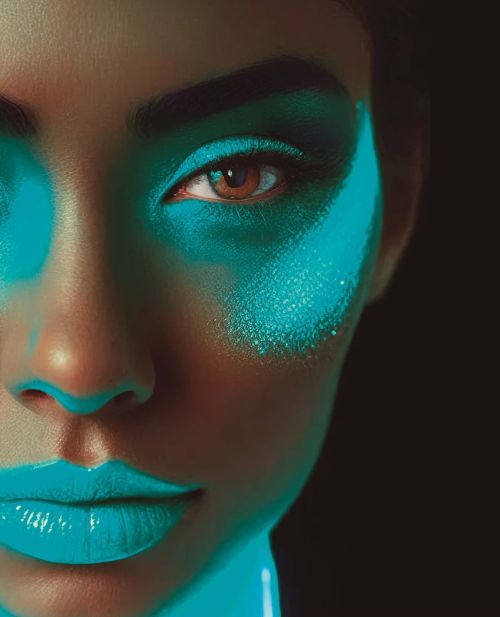 Blaue Neonschminke und Neon Make-up im Kostümladen in Berlin