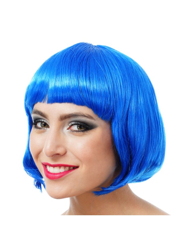 Kurze, blaue Bob-Perücke mit Pony aus einem Berliner Kostümladen.