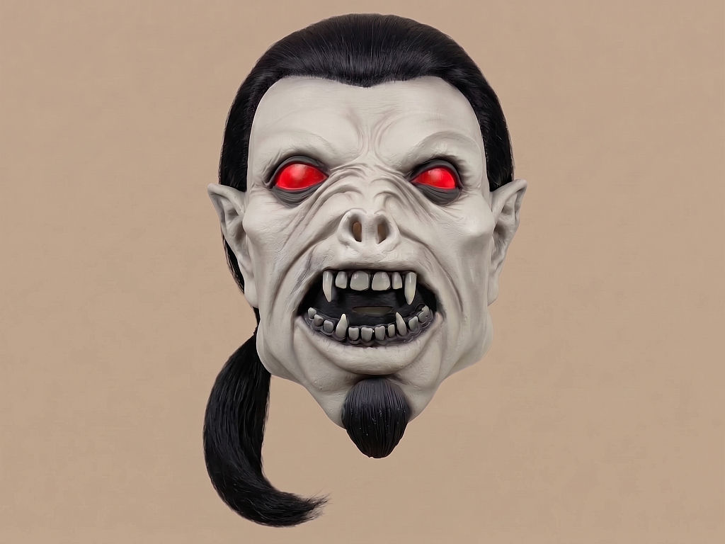 Furchteinflößende Vampir-Maske mit rot leuchtenden Augen und spitzen Zähnen sowie spitzen Ohren.