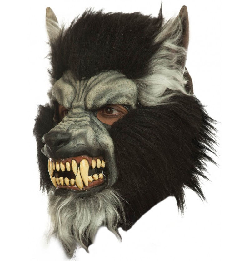 Eine furchteinflößende, grau-schwarze Werwolf-Maske aus Latex mit wilden Fell-Details und grimmigen Gesichtszügen, die in den Verkaufsregalen eines Berliner Kostümladens präsentiert wird.