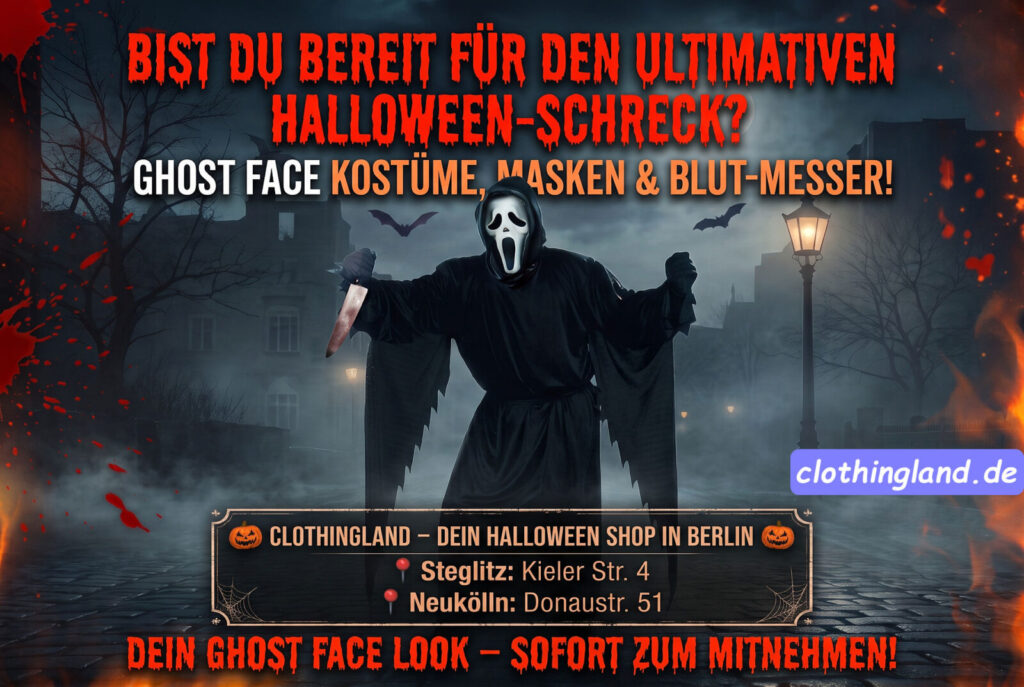 Werbeplakat von ClothingLand: Gruselige Ghost Face Figur mit blutigem Messer im Nebel. Angebot für Scream Kostüme, Masken und Halloween-Artikel direkt zum Mitnehmen im Halloween Shop Berlin (Filialen Steglitz und Neukölln).