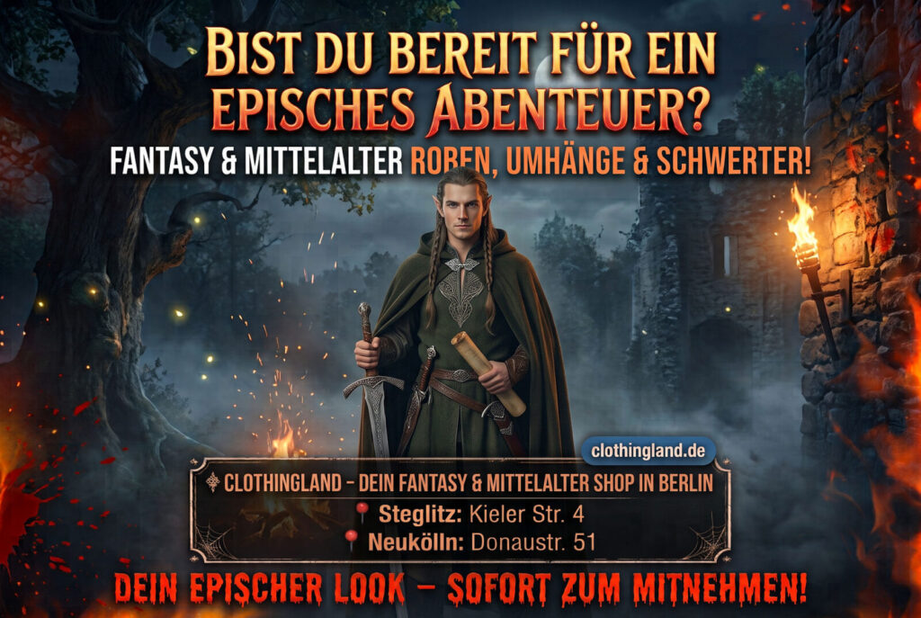 Werbebanner von ClothingLand für den Fantasy- und Mittelalter-Shop in Berlin. Ein majestätischer Elb in einem waldgrünen Kapuzen-Umhang und reich verzierter Gewandung, der die Hand am Knauf eines Elbenschwertes hält und eine Schriftrolle trägt. Im Hintergrund eine mystische, nächtliche Wald- und Ruinenkulisse mit Nebel, Fackelschein und Funkenflug. Oben steht der Text "Bist du bereit für ein episches Abenteuer? Fantasy & Mittelalter Roben, Umhänge & Schwerter!". Unten befindet sich eine Infotafel mit den Filialen in Berlin Steglitz und Neukölln sowie dem Slogan "Dein epischer Look – sofort zum Mitnehmen!
