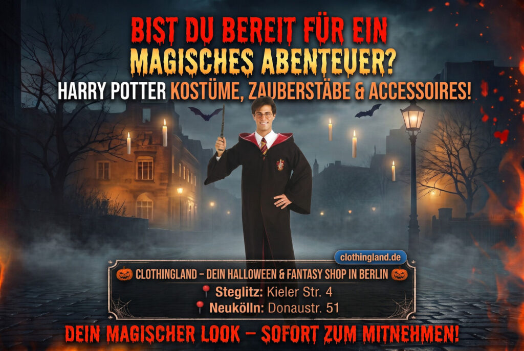 Werbebanner von ClothingLand Berlin für Harry Potter Kostüme, Zauberstäbe und Zubehör. Ein lachender Mann im Gryffindor-Schülerkostüm mit Zauberstab in einer magisch-nächtlichen Kulisse vor den Filialen in Berlin Steglitz und Neukölln.