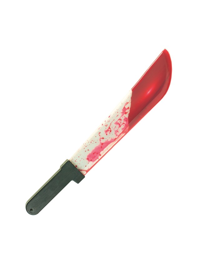 Eine „Ghost Face“-Spielzeugmachete aus Kunststoff mit animierter Kunstblut-Funktion auf weißem Hintergrund, schräg von links unten nach rechts oben fotografiert. Die Halloween-Requisite hat einen schlichten, schwarzen Griff und eine hohle, transparente Kunststoffklinge, die im vorderen Teil mit dicker, roter Flüssigkeit gefüllt ist, während der hintere Teil weiße, gesprenkelte Kunstblut-Spuren aufweist. Durch das Bewegen der Waffe fließt das flüssige Kunstblut im Inneren dynamisch hin und her.