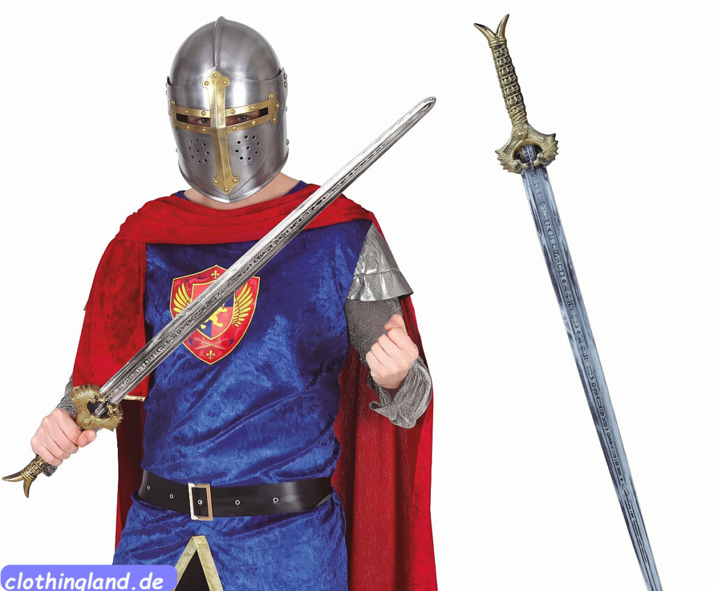 Mittelalter Schwert silber mit goldenem Griff, prunkvolles Ritterschwert aus Kunststoff, Spielzeugwaffe und edles Kostümzubehör für Fasching, Karneval oder Mittelalter-Märkte.