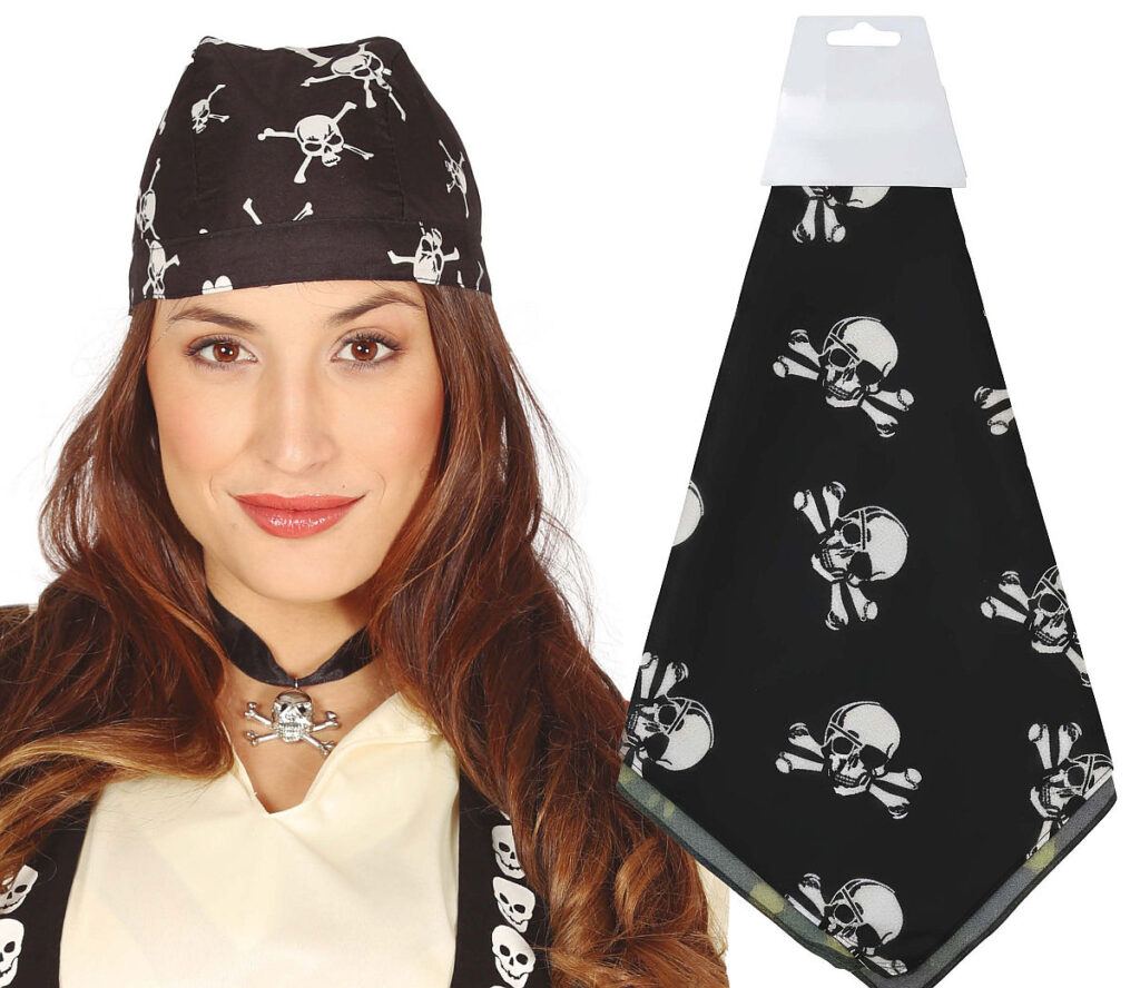 Piratenbandana schwarz mit Totenkopf, Piraten Kopftuch für Karneval, Halloween und Seeräuber-Kostüme.