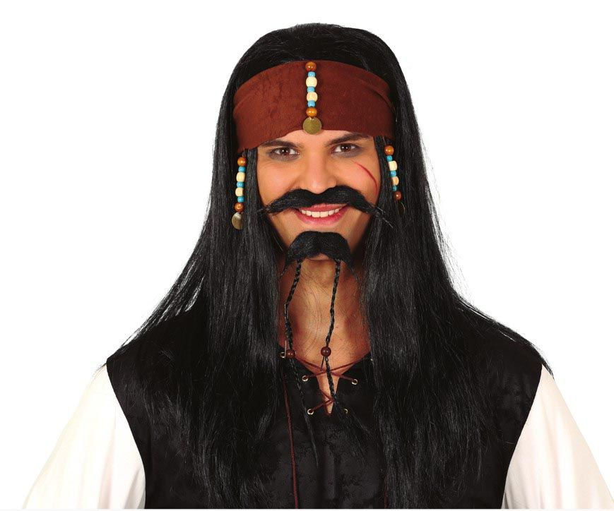 Piratenperücke schwarz, langes Kunsthaar, Kostümzubehör und Perücke für Seeräuber Kostüme an Karneval.