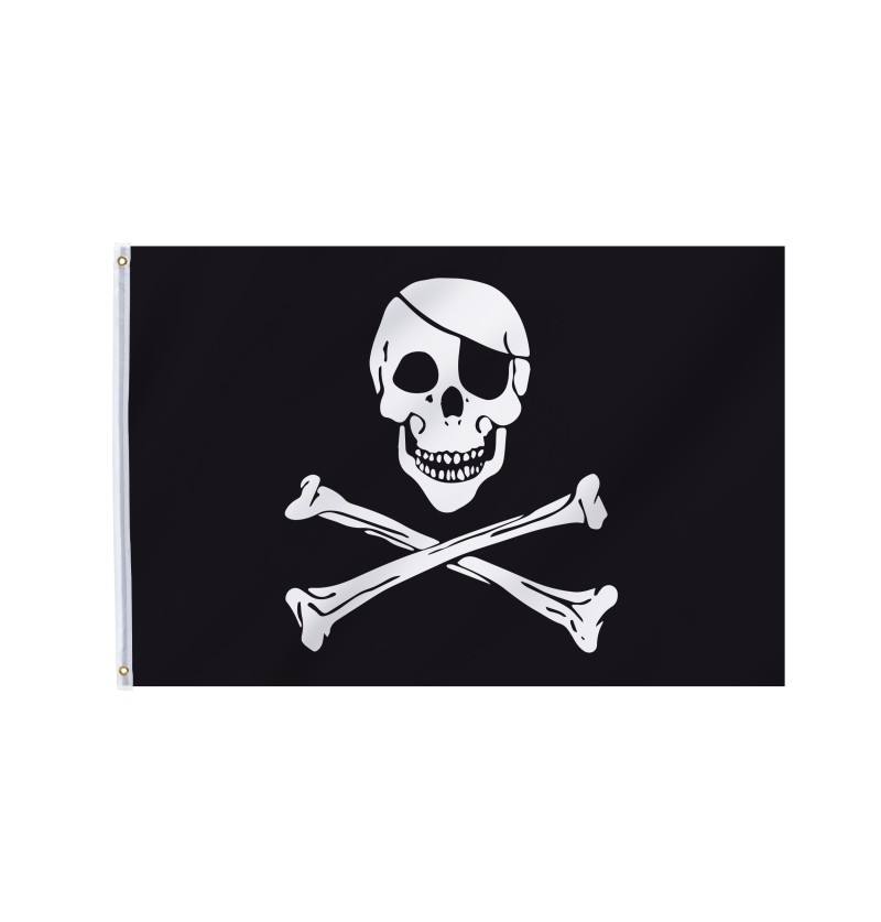 Eine rechteckige, schwarze Piratenflagge im Format 90 x 150 cm mit dem klassischen weißen Jolly-Roger-Motiv, das einen Totenkopf über zwei gekreuzten Knochen zentriert in der Mitte zeigt.