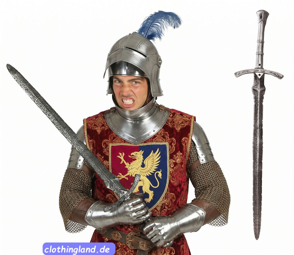 Ritterschwert silber, Mittelalter Kostüm Schwert aus Kunststoff, Spielzeugwaffe und Zubehör für Ritterkostüme an Karneval oder Halloween.