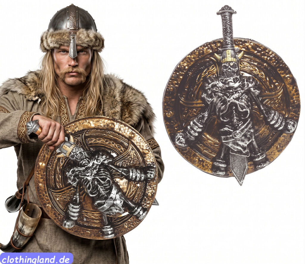 Wikinger Schild mit Schwert gold silber, nordisches Spielzeugwaffen-Set, Kostümzubehör für Wikingerkostüme an Fasching, Karneval oder Halloween.