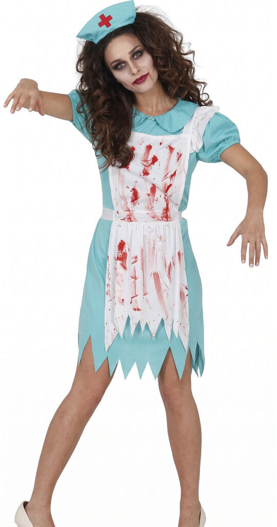 Zombie-Krankenschwester-Kostüm in Türkis und Weiß, bestehend aus einem zerrissenen, blutbefleckten Schwesternkleid und einer passenden Haube