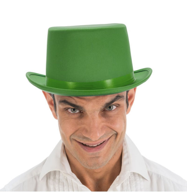 Ein grüner Zylinderhut für Erwachsene in seidiger Satin-Optik mit einer Höhe von 12 cm.