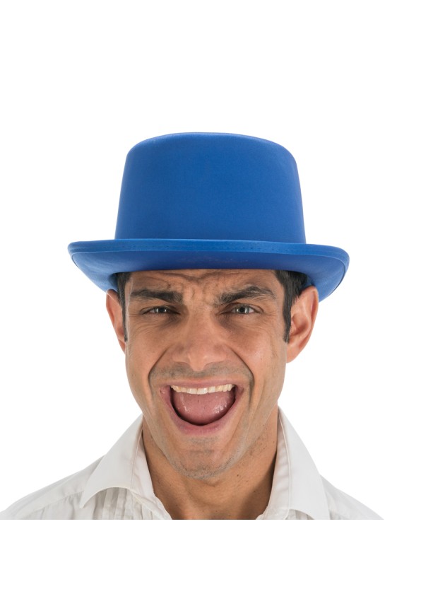 Ein blauer Zylinderhut für Erwachsene in seidiger Satin-Optik mit einer Höhe von 12 cm.