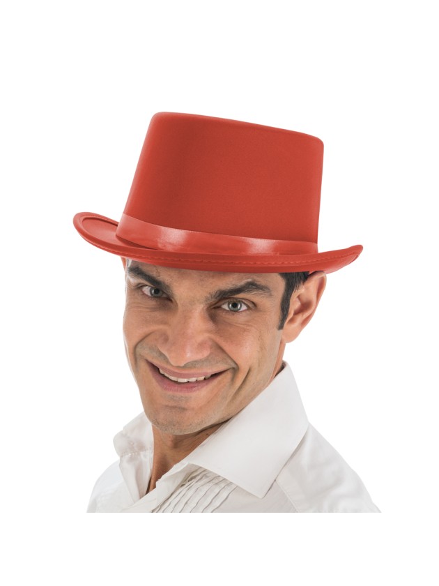 Ein roter Zylinderhut für Erwachsene in seidiger Satin-Optik mit einer Höhe von 12 cm.